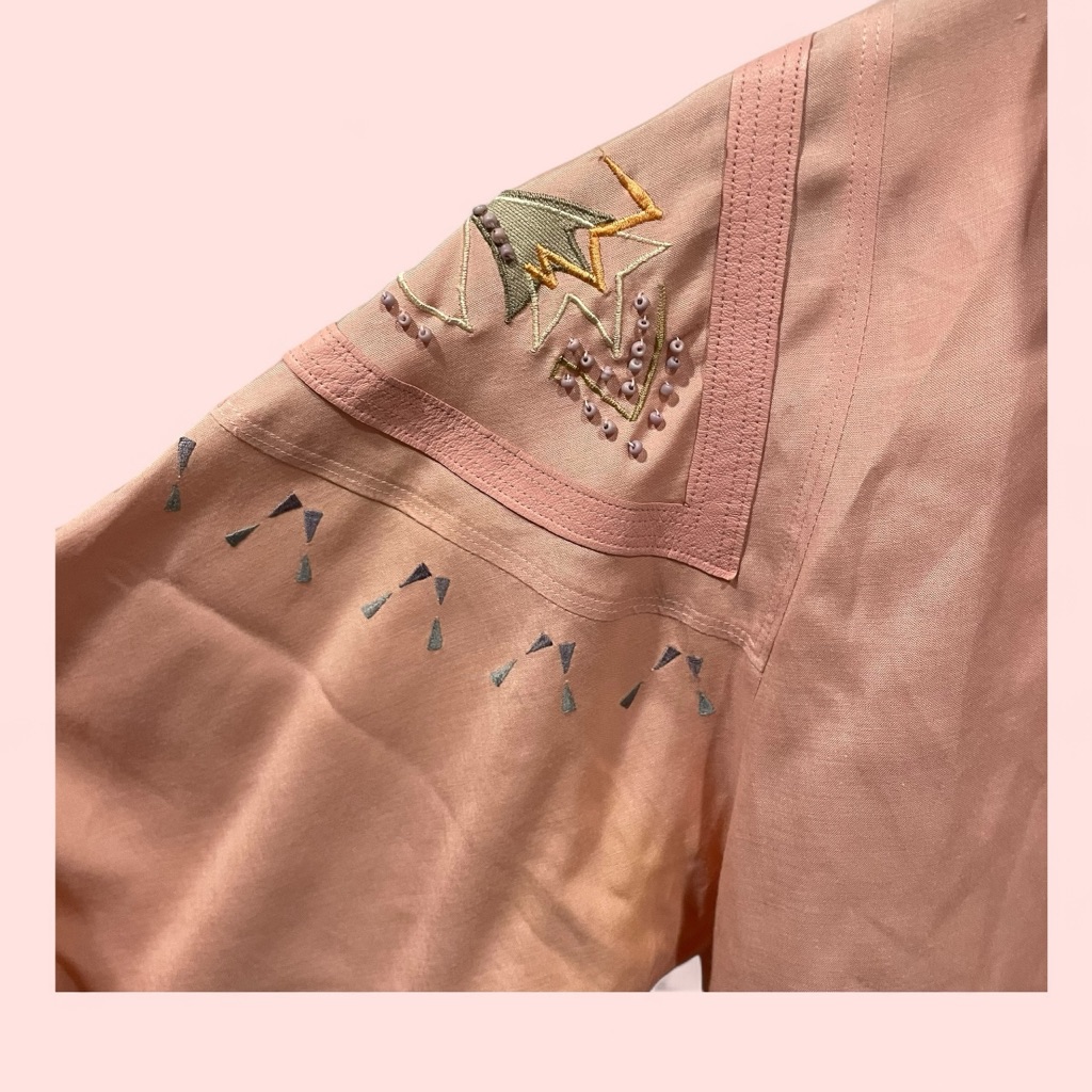 Groovy Pink Vintage 80’s Embroidered Shoulder Beaded Button Silk Blend Shirt